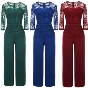 Lace Jumpsuit Women Sexy Wrap Top Wide Leg Long Sleeve Cocktail Lace Casual Jump